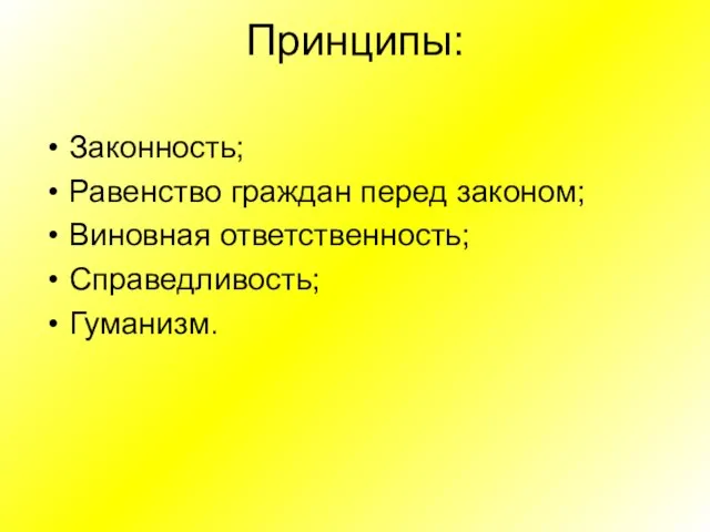 Принципы: Законность; Равенство граждан перед законом; Виновная ответственность; Справедливость; Гуманизм.