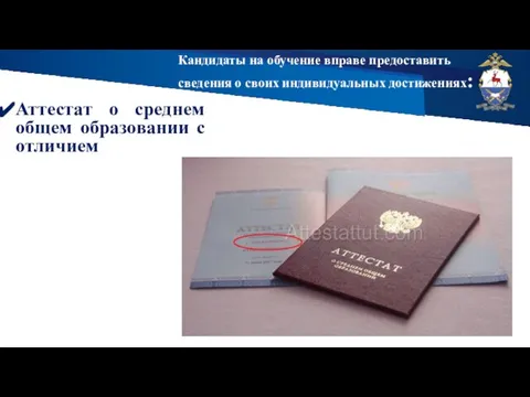 Кандидаты на обучение вправе предоставить сведения о своих индивидуальных достижениях: Аттестат о