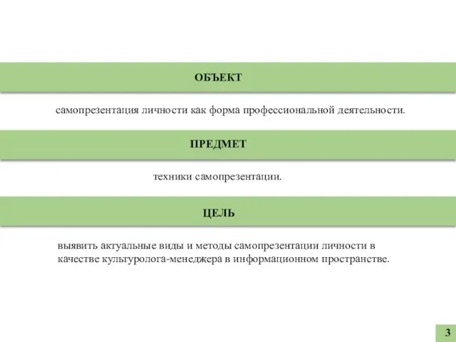 ОБЪЕКТ самопрезентация личности как форма профессиональной деятельности. ПРЕДМЕТ техники самопрезентации. ЦЕЛЬ выявить