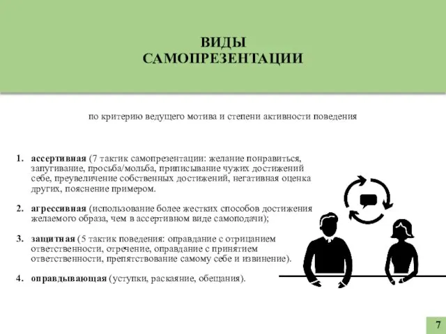 ассертивная (7 тактик самопрезентации: желание понравиться, запугивание, просьба/мольба, приписывание чужих достижений себе,