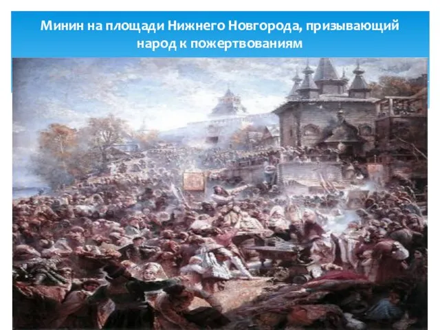 Минин на площади Нижнего Новгорода, призывающий народ к пожертвованиям