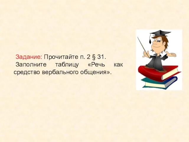 Задание: Прочитайте п. 2 § 31. Заполните таблицу «Речь как средство вербального общения».