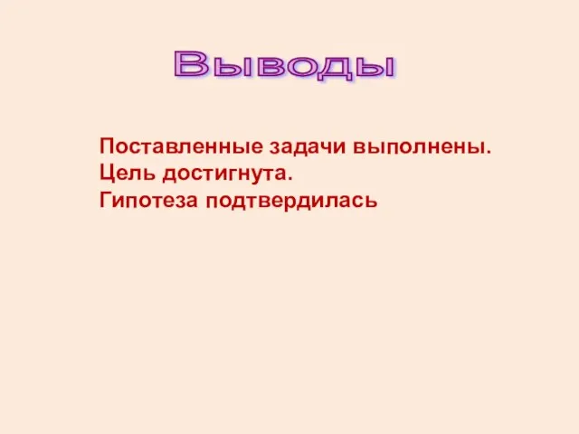 Поставленные задачи выполнены. Цель достигнута. Гипотеза подтвердилась Выводы