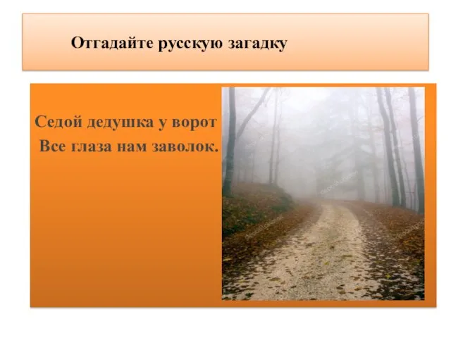 Отгадайте русскую загадку Седой дедушка у ворот Все глаза нам заволок.