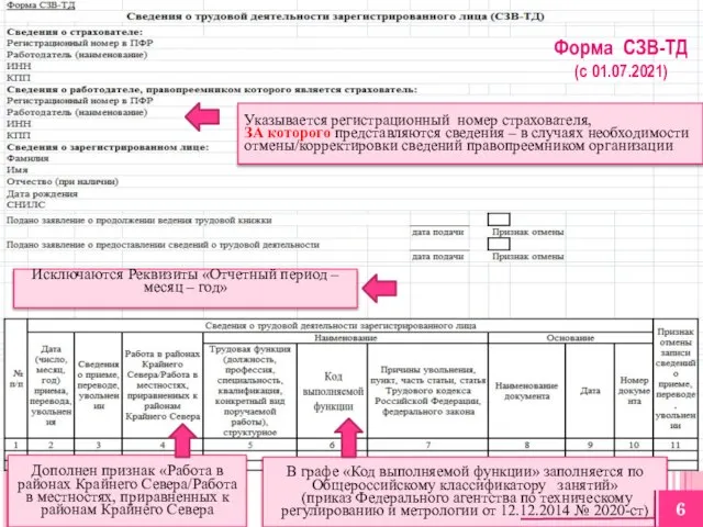 Исключаются Реквизиты «Отчетный период – месяц – год» Дополнен признак «Работа в