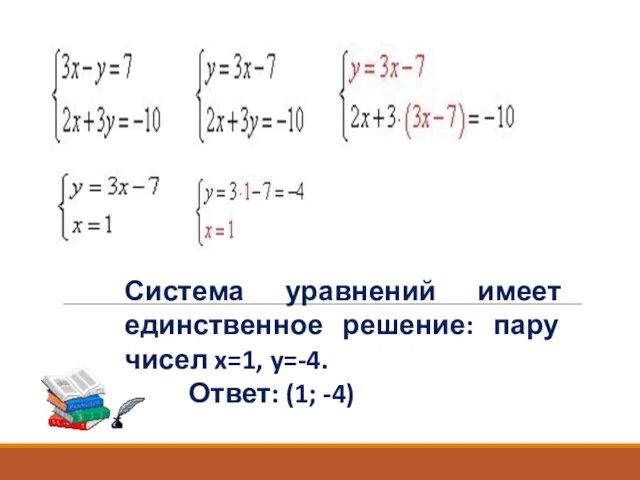 Пример Система уравнений имеет единственное решение: пару чисел x=1, y=-4. Ответ: (1; -4)