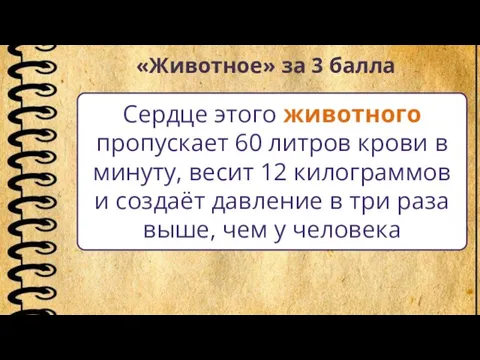 «Животное» за 3 балла Сердце этого животного пропускает 60 литров крови в