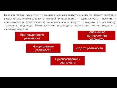 Основой оценки девиантного поведения человека является анализ его взаимодействий с реальностью, поскольку