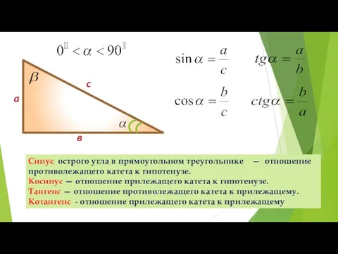 а в с Синус острого угла в прямоугольном треугольнике — отношение противолежащего