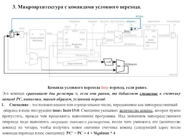 3. Микроархитектура с командами условного перехода. Команда условного перехода beq- переход, если