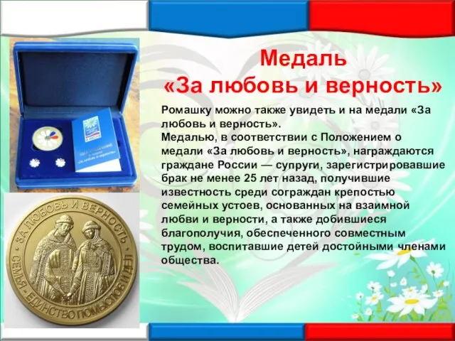 Медаль «За любовь и верность» Ромашку можно также увидеть и на медали