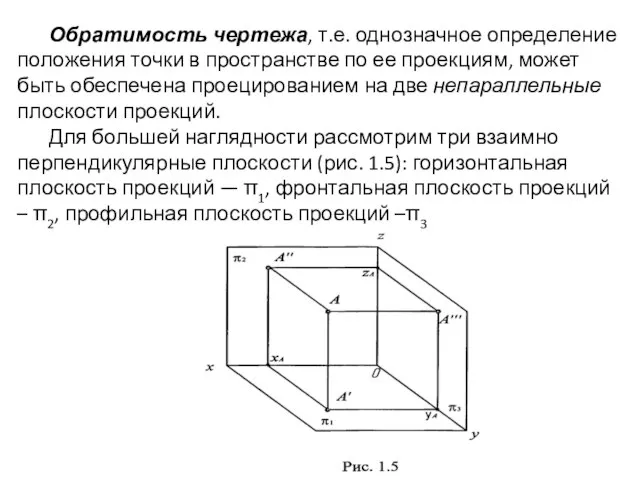 Обратимость чертежа, т.е. однозначное определение положения точки в пространстве по ее проекциям,