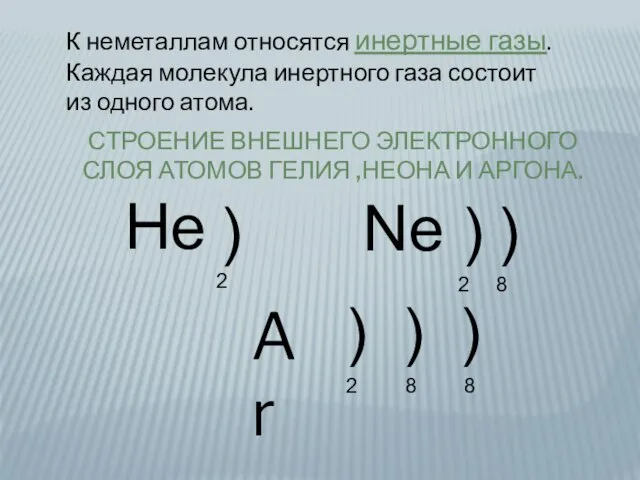 СТРОЕНИЕ ВНЕШНЕГО ЭЛЕКТРОННОГО СЛОЯ АТОМОВ ГЕЛИЯ ,НЕОНА И АРГОНА. He ) 2