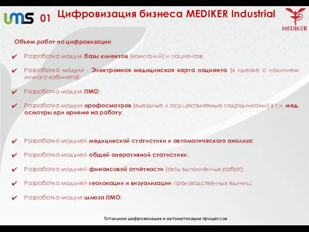 01 Тотальная цифровизация и автоматизация процессов Цифровизация бизнеса MEDIKER Industrial Объем работ