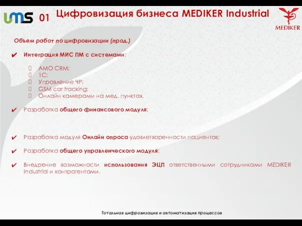 01 Тотальная цифровизация и автоматизация процессов Цифровизация бизнеса MEDIKER Industrial Объем работ