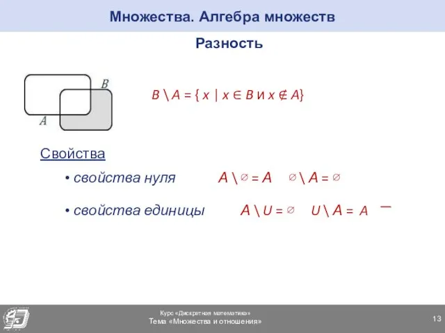 Множества. Алгебра множеств Разность B \ A = { x | x