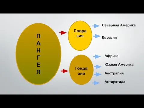 П А Н Г Е Я Лавразия Гондвана Северная Америка Евразия Африка Южная Америка Австралия Антарктида