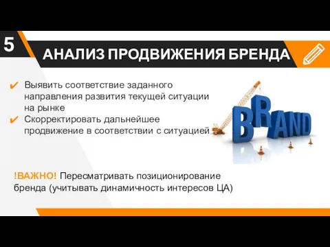 АНАЛИЗ ПРОДВИЖЕНИЯ БРЕНДА !ВАЖНО! Пересматривать позиционирование бренда (учитывать динамичность интересов ЦА) Выявить