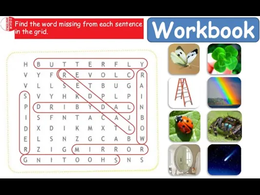Workbook Find the word missing from each sentence in the grid.