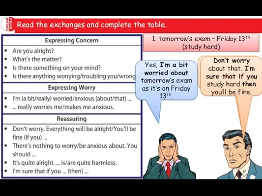 Read the exchanges and complete the table. 1. tomorrow’s exam – Friday