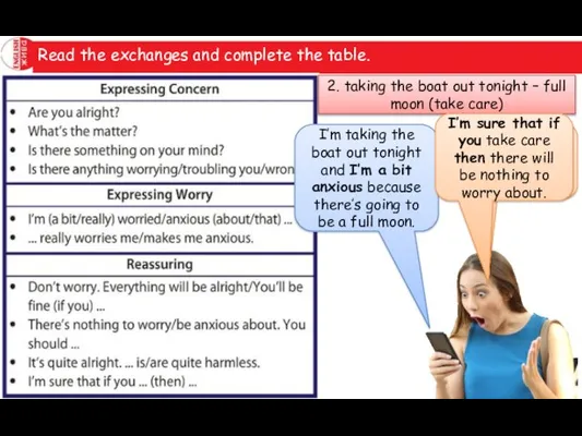 Read the exchanges and complete the table. 2. taking the boat out