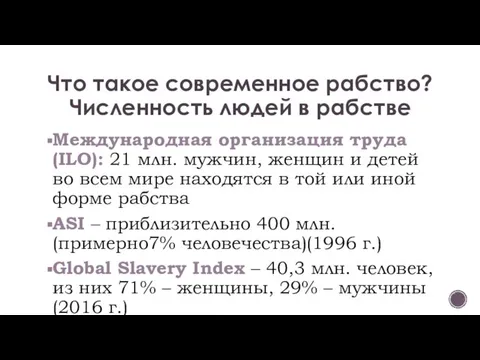 Что такое современное рабство? Численность людей в рабстве Международная организация труда (ILO):