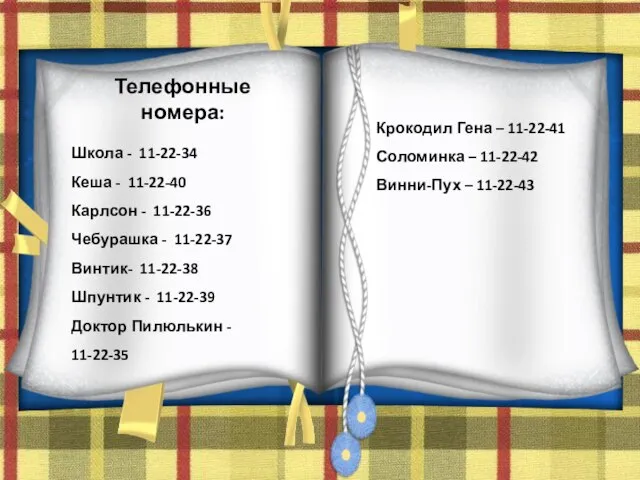 Телефонные номера: Школа - 11-22-34 Кеша - 11-22-40 Карлсон - 11-22-36 Чебурашка