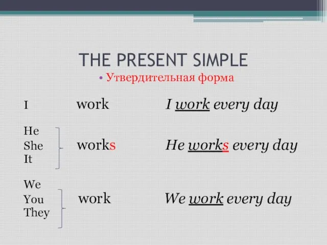 THE PRESENT SIMPLE Утвердительная форма I work I work every day He