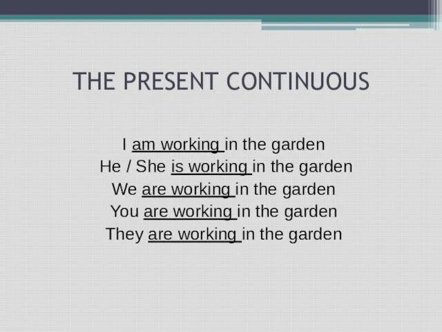 THE PRESENT CONTINUOUS I am working in the garden He / She