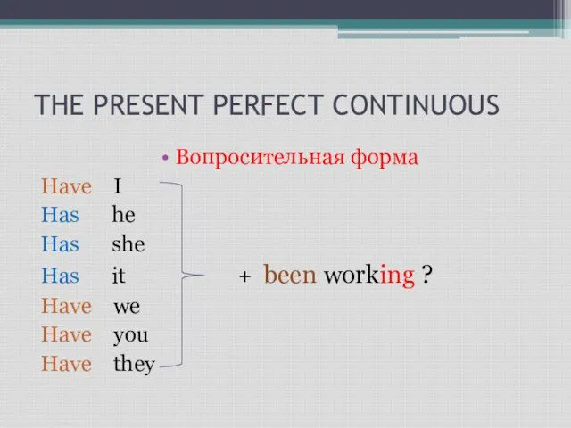 THE PRESENT PERFECT CONTINUOUS Вопросительная форма Have I Has he Has she