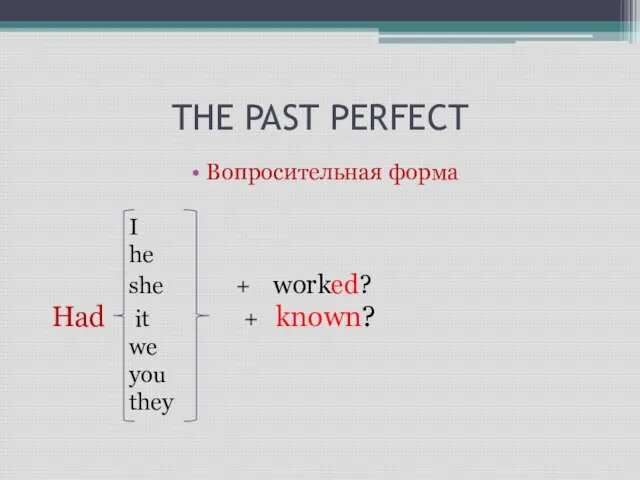 THE PAST PERFECT Вопросительная форма I he she + worked? Had it