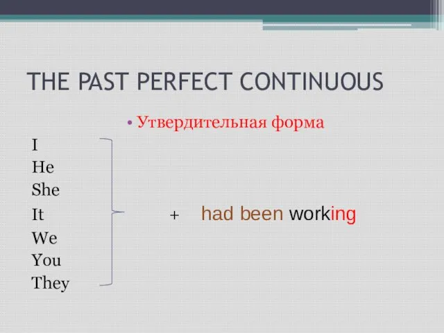 THE PAST PERFECT CONTINUOUS Утвердительная форма I He She It + had