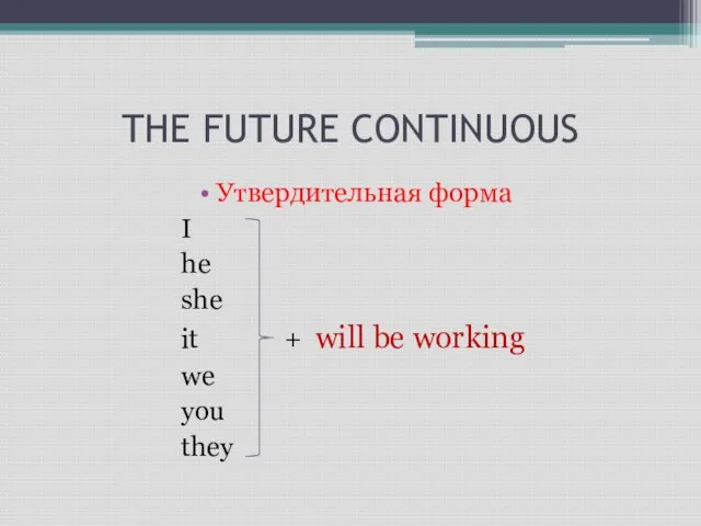THE FUTURE CONTINUOUS Утвердительная форма I he she it + will be working we you they