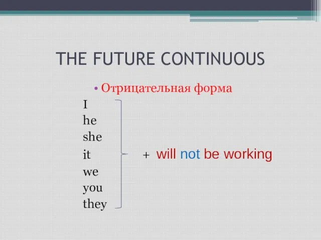 THE FUTURE CONTINUOUS Отрицательная форма I he she it + will not
