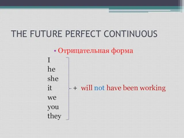 THE FUTURE PERFECT CONTINUOUS Отрицательная форма I he she it + will