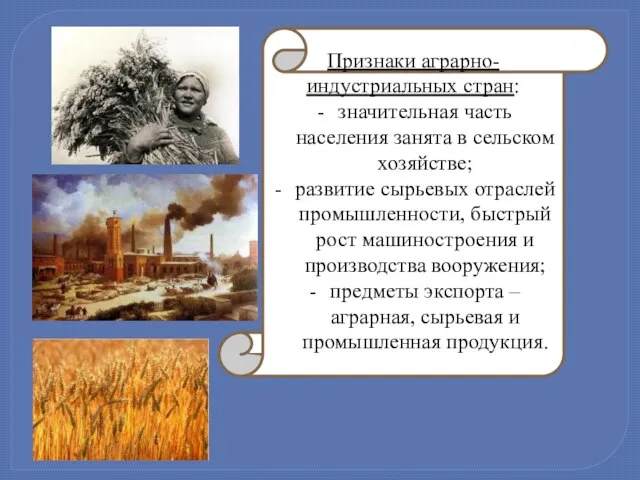 Признаки аграрно-индустриальных стран: значительная часть населения занята в сельском хозяйстве; развитие сырьевых