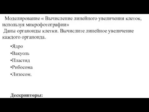 Моделирование « Вычисление линейного увеличения клеток, используя микрофотографии» Даны органоиды клетки. Вычислите