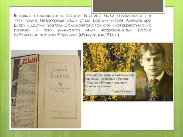 Впервые стихотворения Сергея Есенина были опубликованы в 1914 году.В Петрограде свои стихи