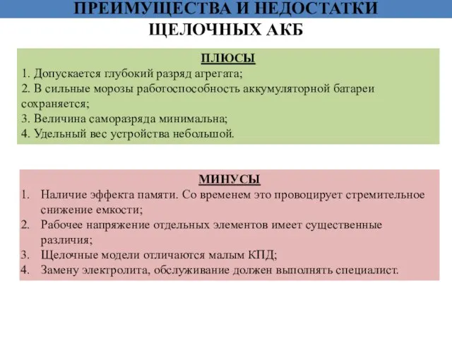 ПРЕИМУЩЕСТВА И НЕДОСТАТКИ ЩЕЛОЧНЫХ АКБ ПЛЮСЫ 1. Допускается глубокий разряд агрегата; 2.