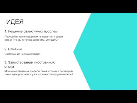 ИДЕЯ 1. Решение своих/чужих проблем 2. Слияние 3. Заимствование иностранного опыта Подумайте,