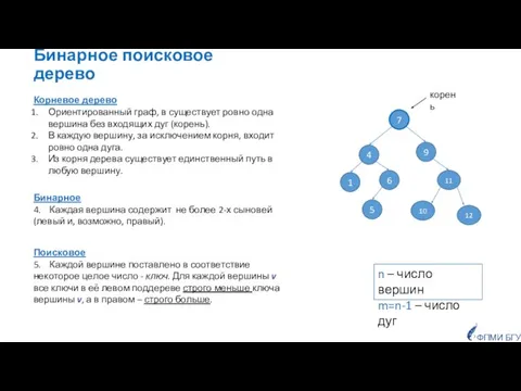 Бинарное поисковое дерево Поисковое 5. Каждой вершине поставлено в соответствие некоторое целое