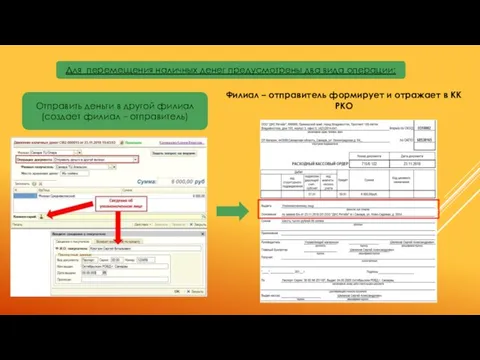 Для перемещения наличных денег предусмотрены два вида операции: Отправить деньги в другой