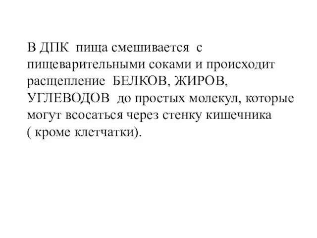 В ДПК пища смешивается с пищеварительными соками и происходит расщепление БЕЛКОВ, ЖИРОВ,