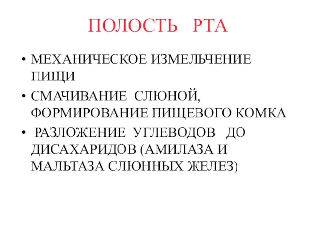 ПОЛОСТЬ РТА МЕХАНИЧЕСКОЕ ИЗМЕЛЬЧЕНИЕ ПИЩИ СМАЧИВАНИЕ СЛЮНОЙ, ФОРМИРОВАНИЕ ПИЩЕВОГО КОМКА РАЗЛОЖЕНИЕ УГЛЕВОДОВ