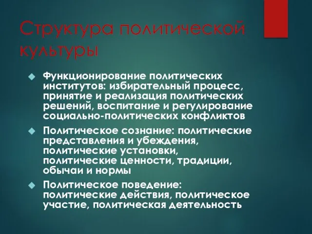 Структура политической культуры Функционирование политических институтов: избирательный процесс, принятие и реализация политических