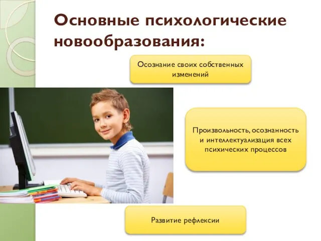 Основные психологические новообразования: Произвольность, осознанность и интеллектуализация всех психических процессов Осознание своих собственных изменений Развитие рефлексии