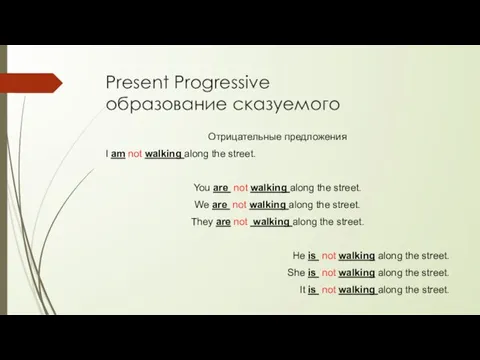 Present Progressive образование сказуемого Отрицательные предложения I am not walking along the