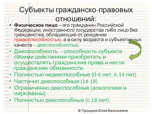 Субъекты гражданско-правовых отношений: Физическое лицо – это гражданин Российской Федерации, иностранного государства