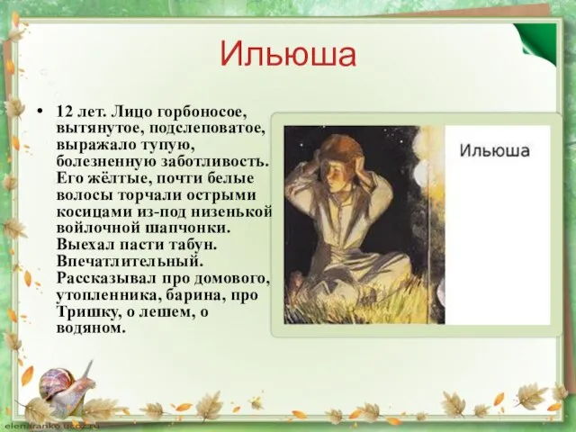 Ильюша 12 лет. Лицо горбоносое, вытянутое, подслеповатое, выражало тупую, болезненную заботливость. Его