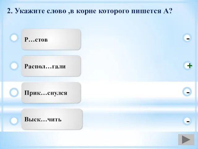 2. Укажите слово ,в корне которого пишется А? Р…стов Распол…гали Прик…снулся Выск…чить - - + -